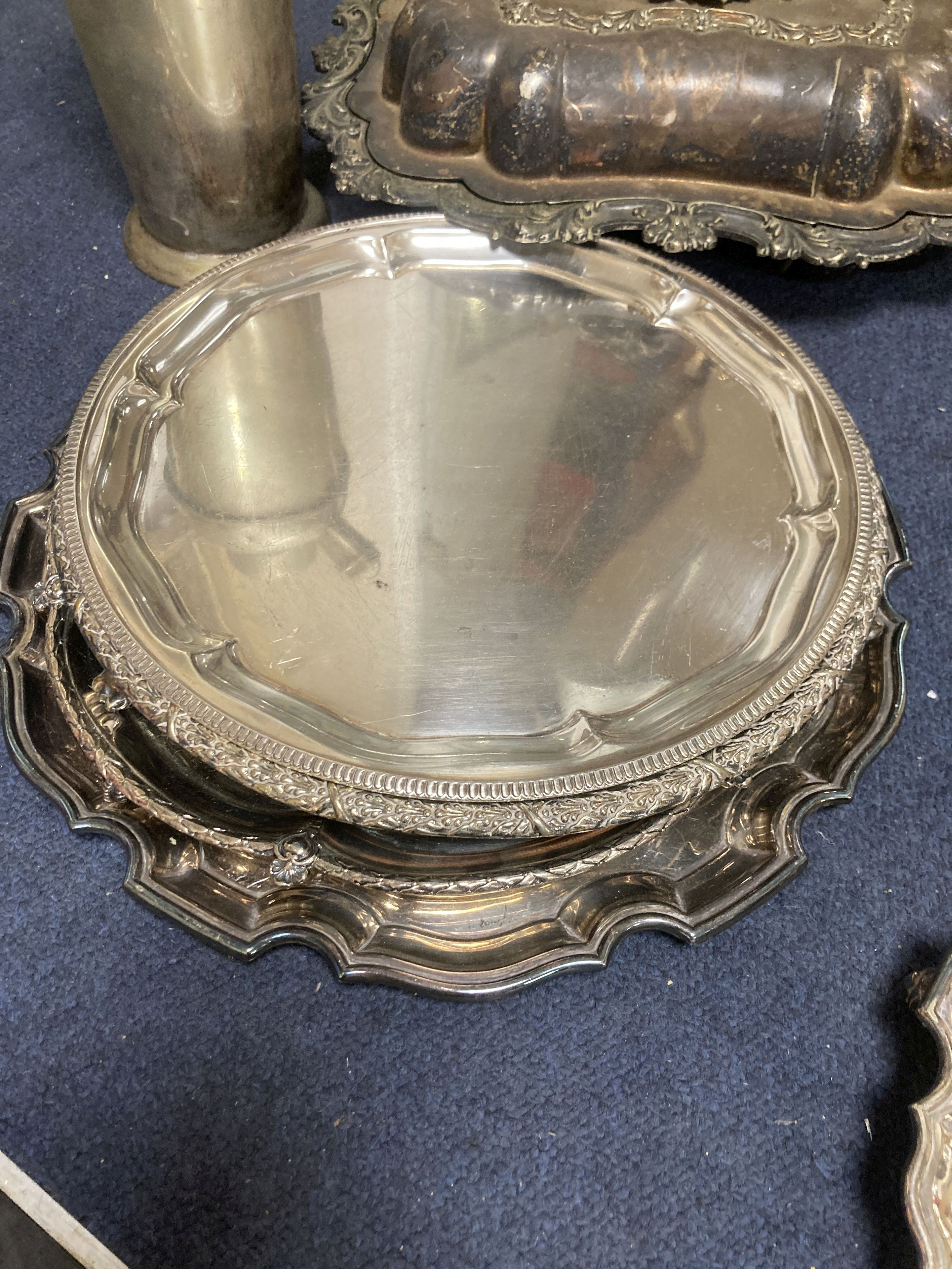 A collection of plated wares including tureen and cover, salvers, flasks, etc.